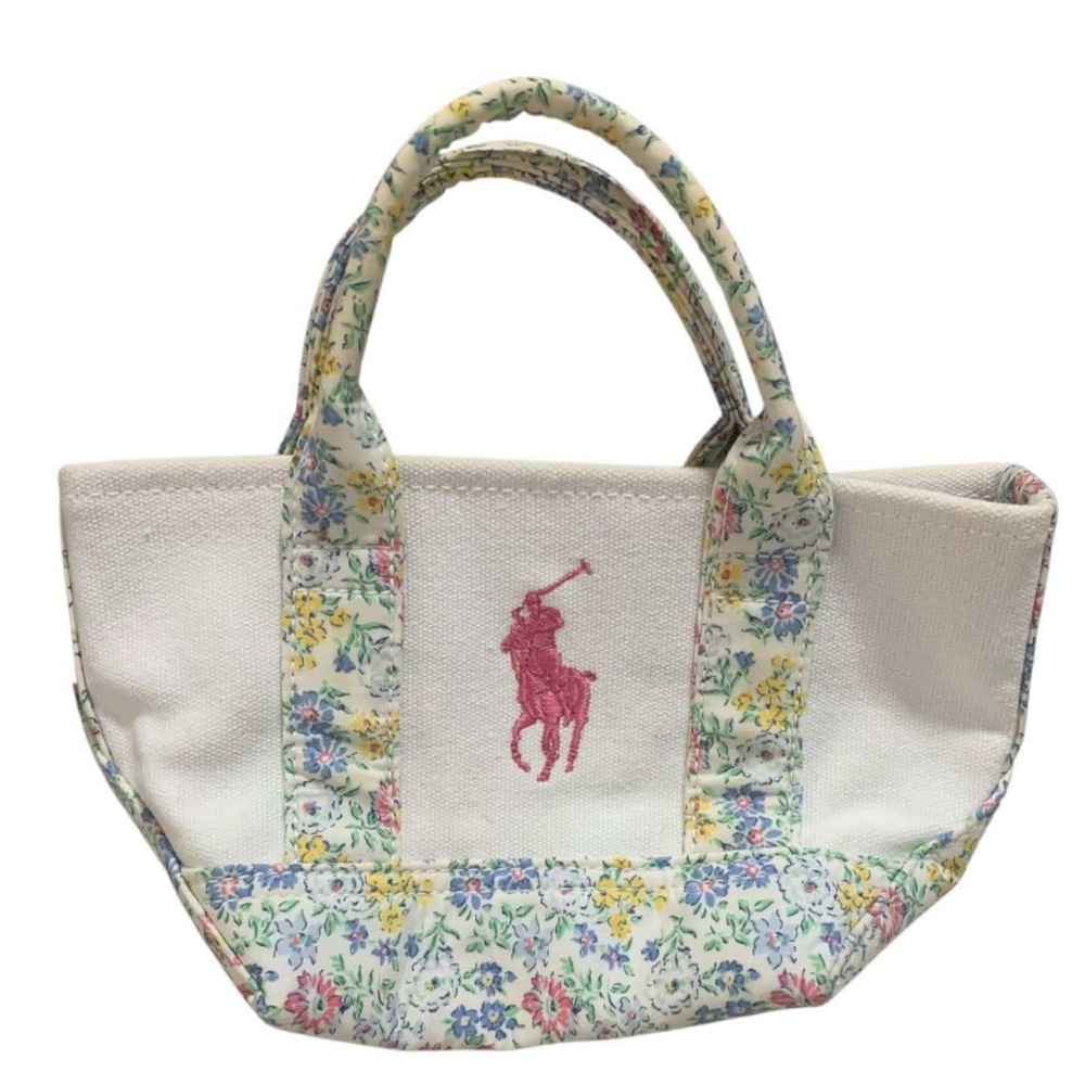 Ralph Lauren Mini Tote Bag Women Mini White Floral Canvas Pony Logo Cottagecore
